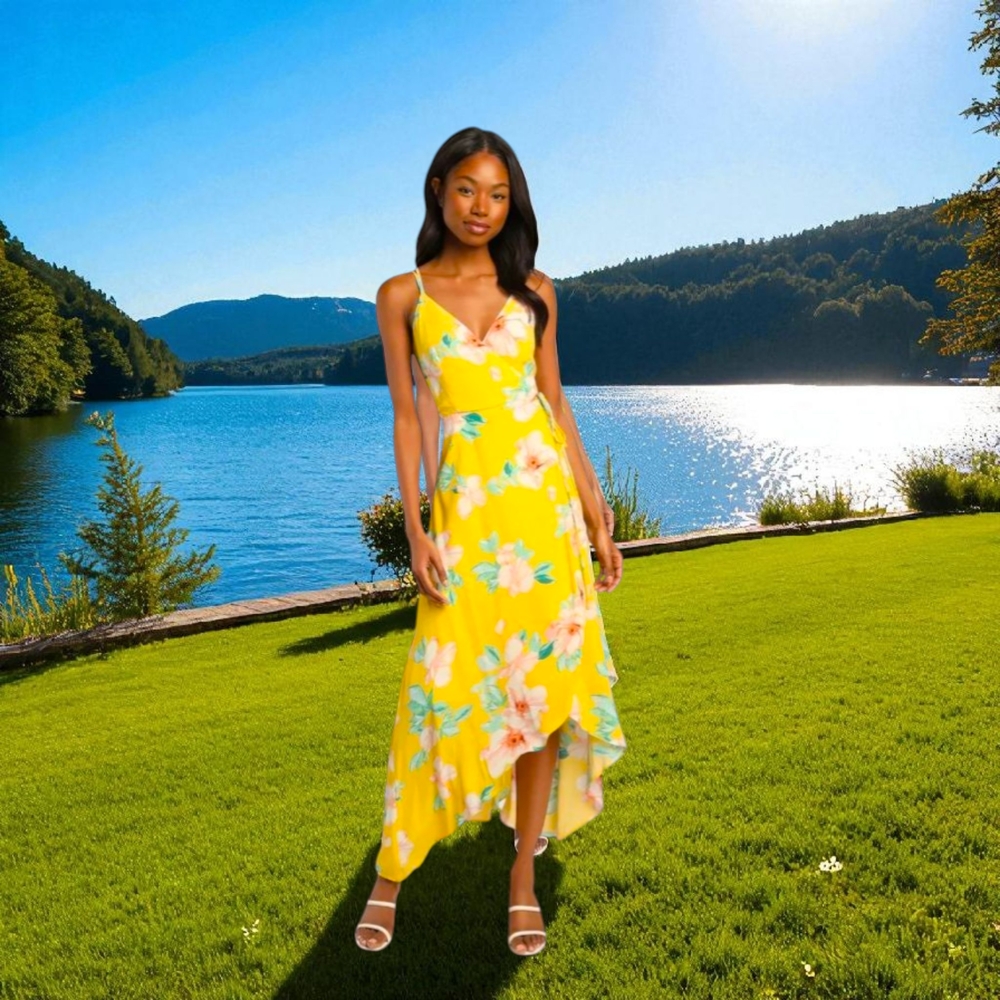 LuLu's Blooming Bright Yellow Floral Print High-Low Wrap Midi Dress